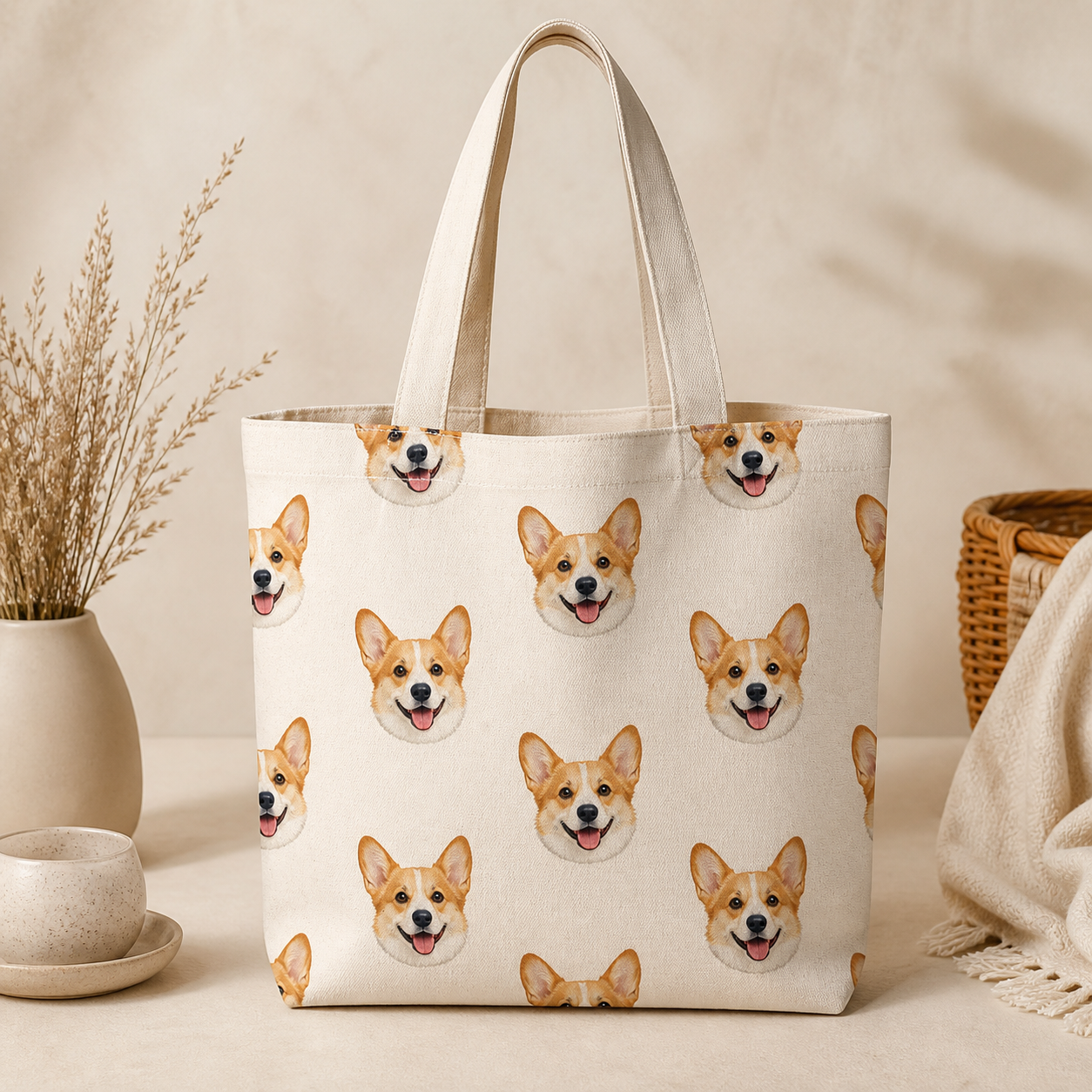 Natural canvas tote bag with repeating custom corgi face pattern