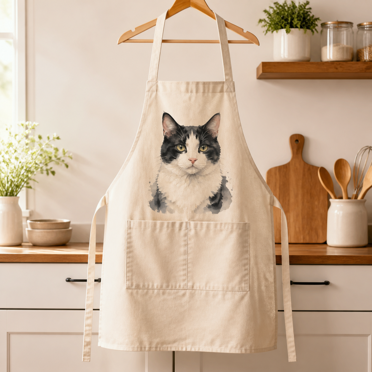 Natural custom pet photo apron with watercolor cat portrait