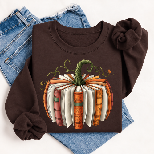 Book Pumpkin Fall Reading Unisex Sweatshirt — Dark Chocolate — front view