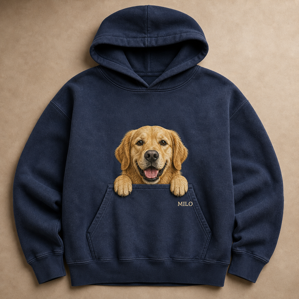 Custom golden retriever peek embroidery on a navy hoodie