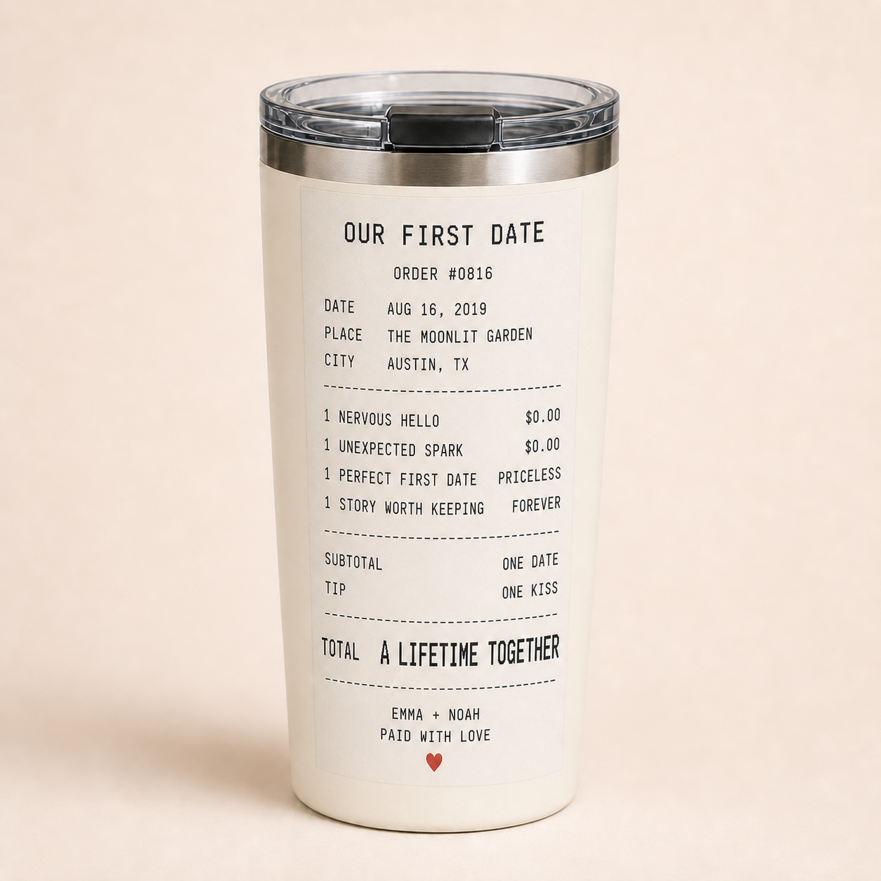 Personalized Our First Date Receipt Tumbler main image with universal date, place and city details