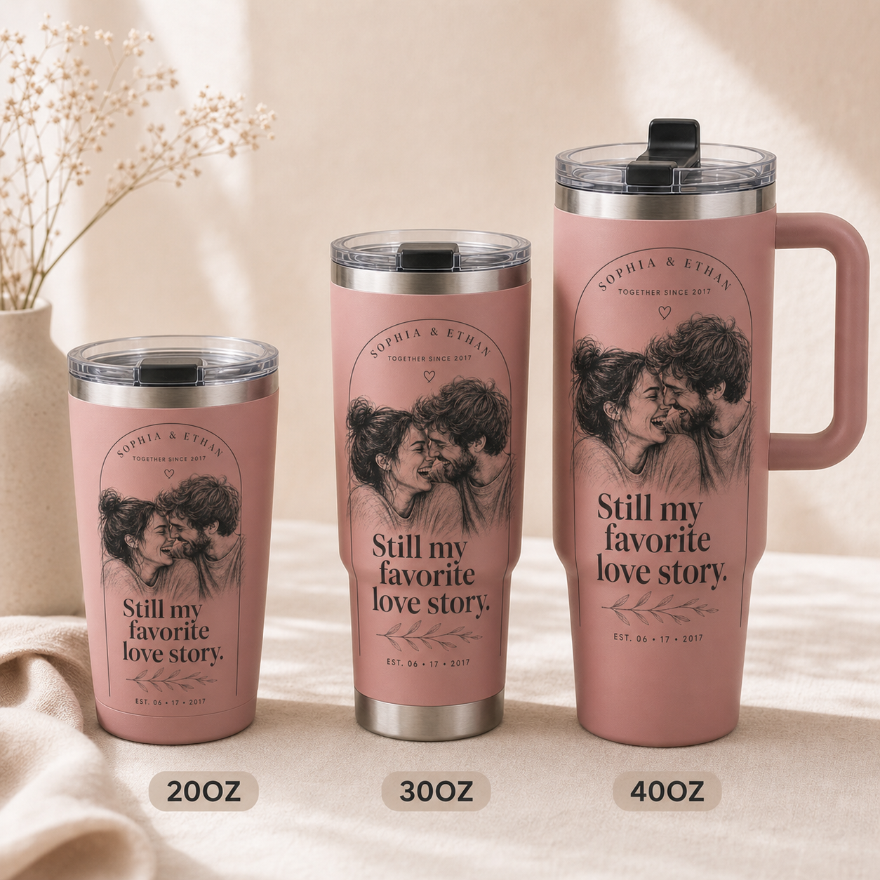 Personalized Favorite Love Story Photo Sketch Tumbler - size lineup
