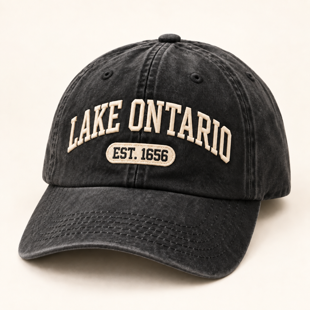 Lake Ontario EST. 1656 Vintage Embroidered Cap — Washed Black — front view