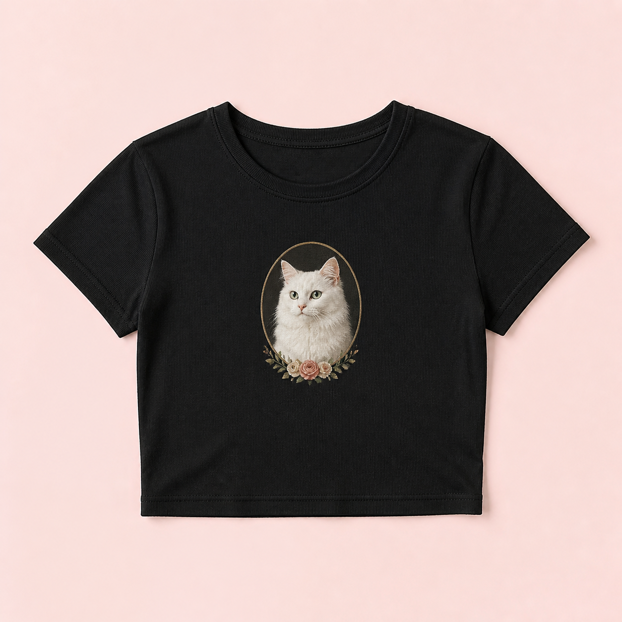 Black custom pet portrait baby tee with vintage cat artwork