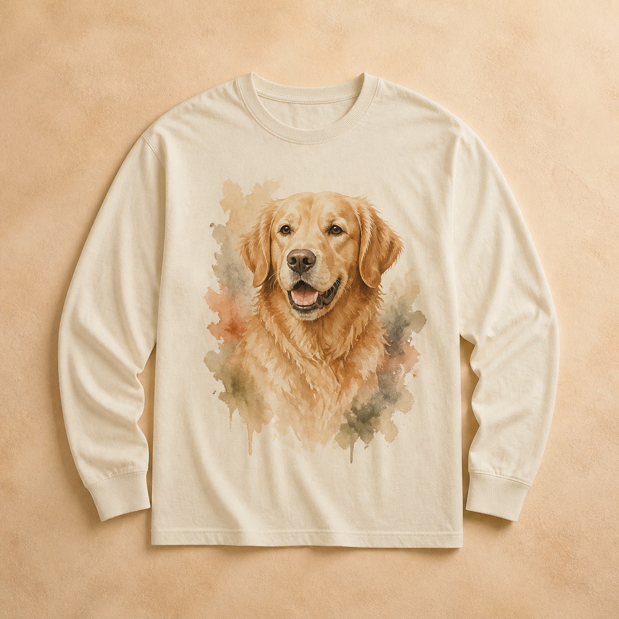 Cream long sleeve T-shirt with a watercolor golden retriever portrait