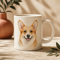 Cream ceramic mug with a watercolor corgi portrait
