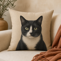 Sand throw pillow with a black and white cat portrait