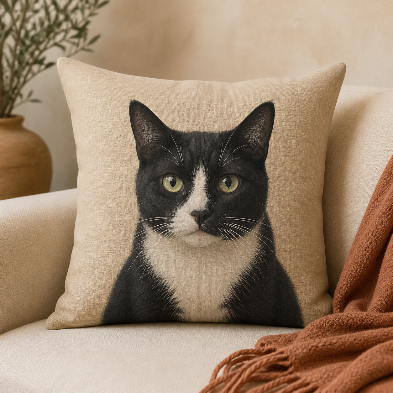 Sand throw pillow with a black and white cat portrait