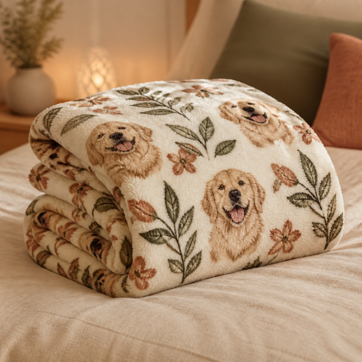 Cream fleece blanket with a repeating golden retriever face pattern