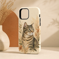 Cream phone case with a watercolor tabby cat portrait