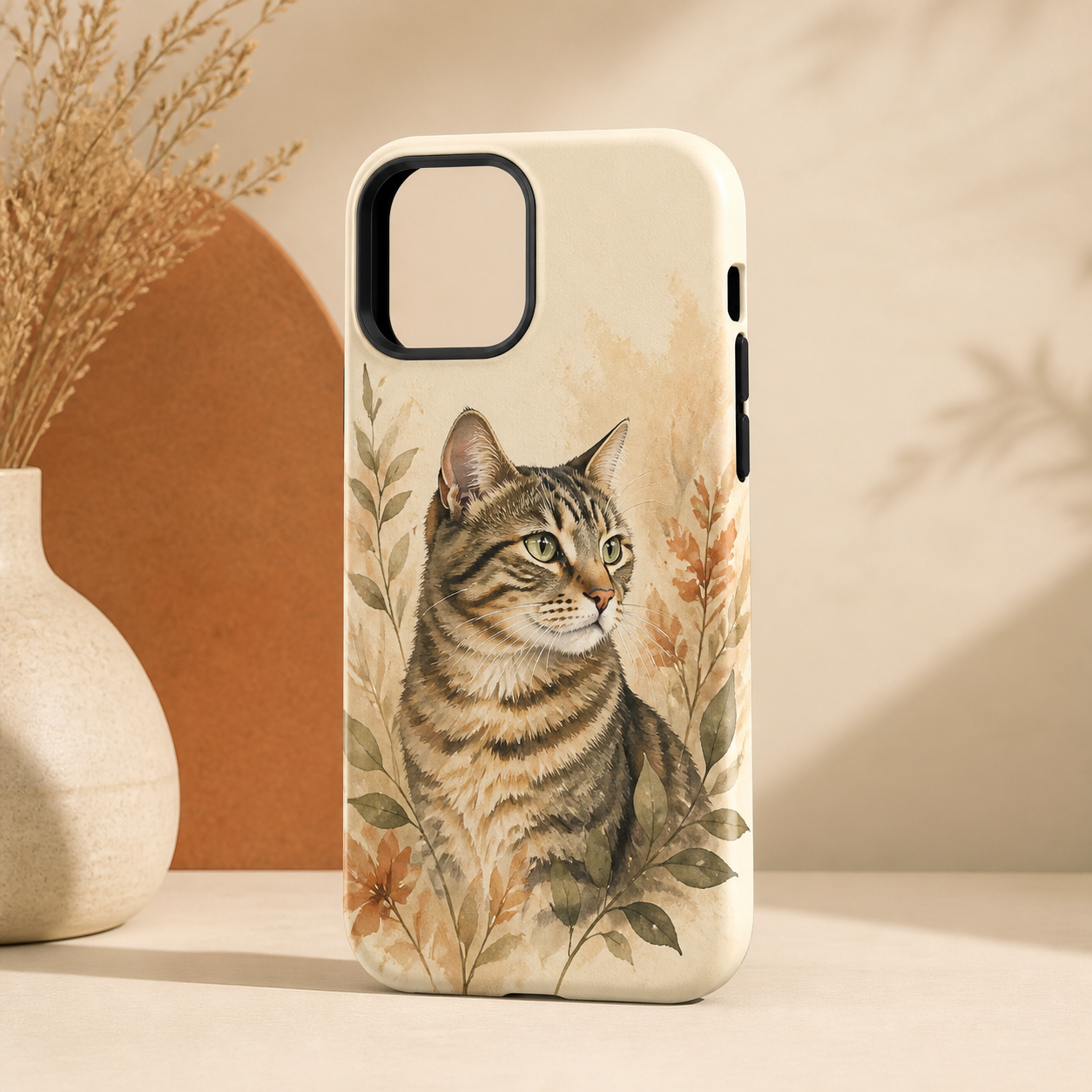 Cream phone case with a watercolor tabby cat portrait