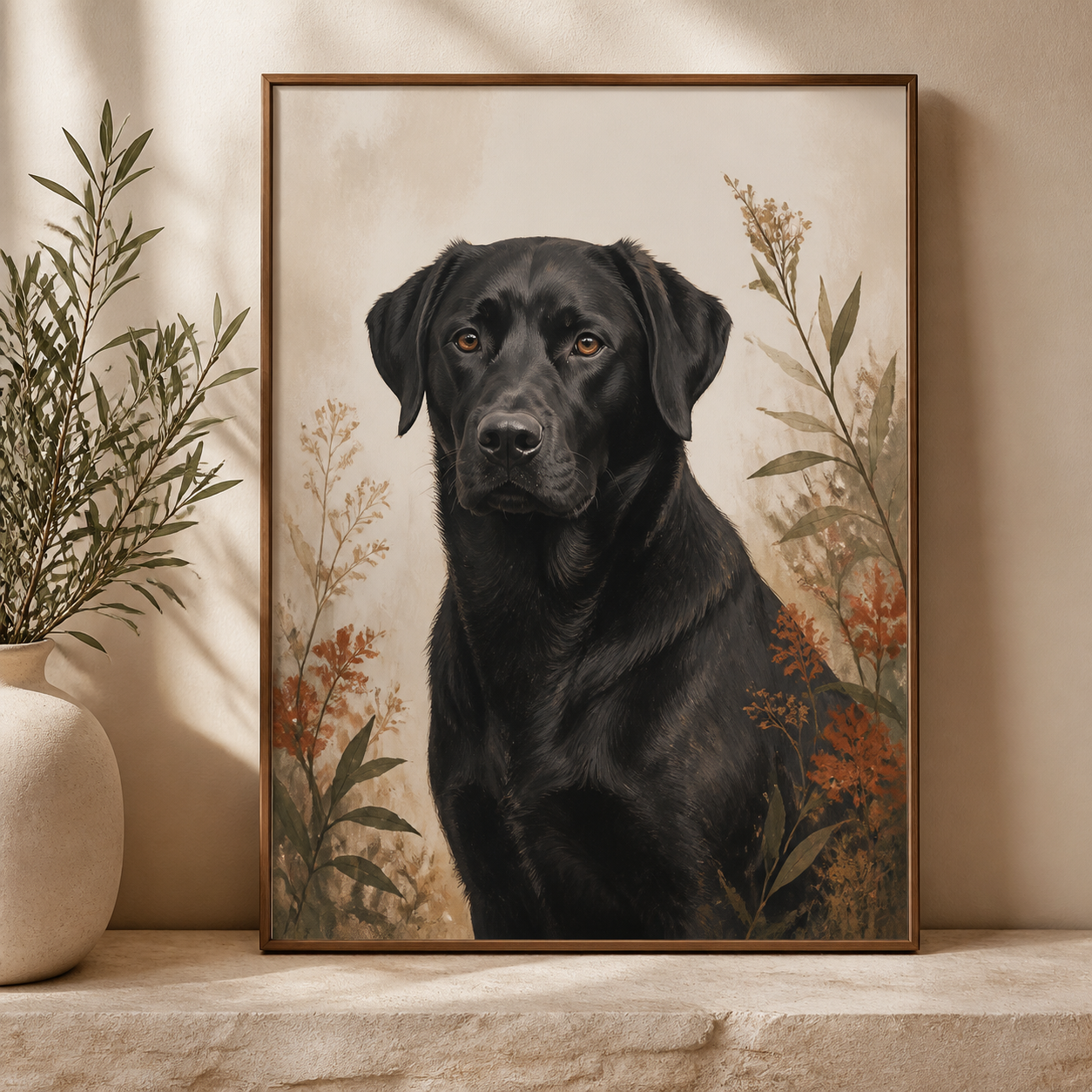 Framed botanical canvas featuring a black dog portrait