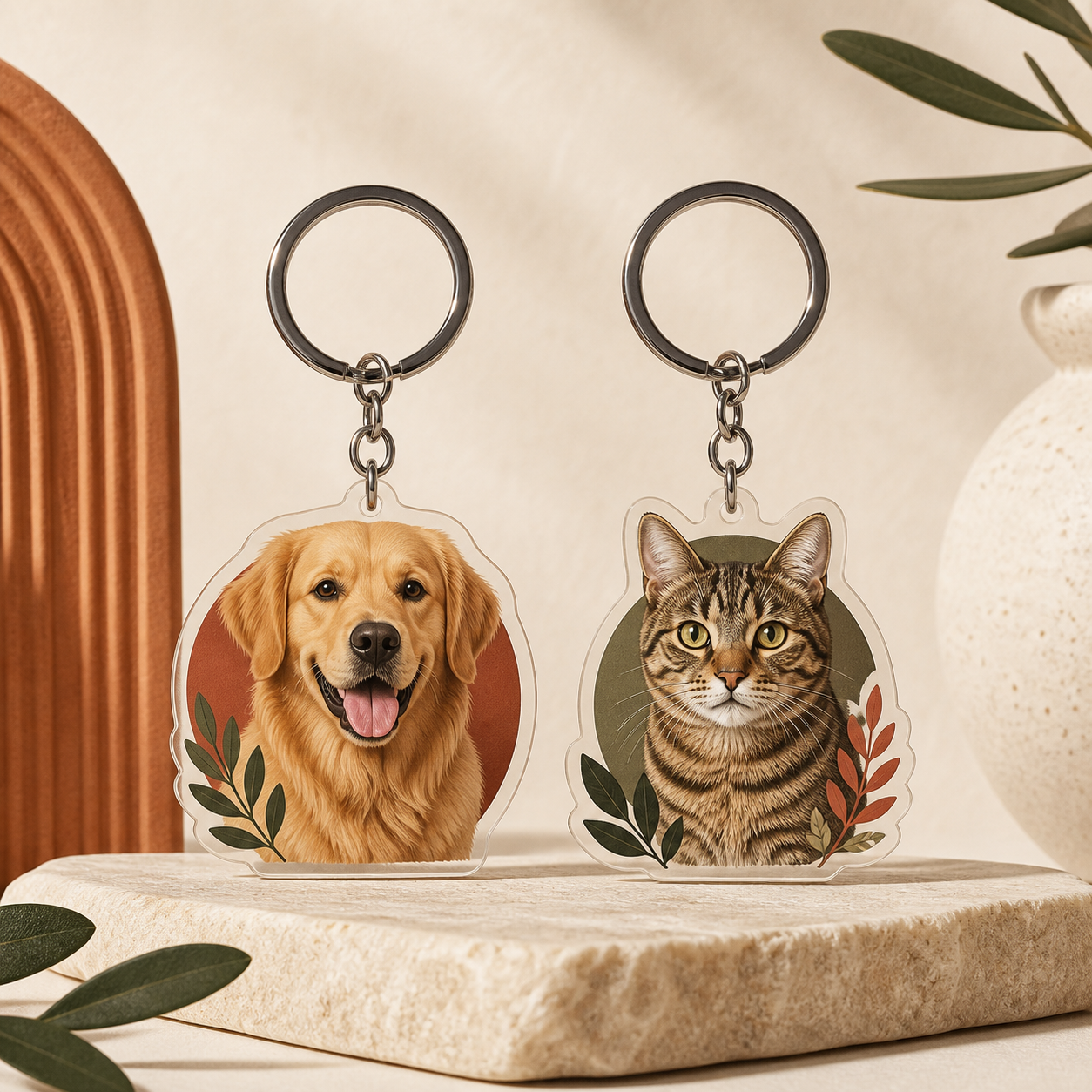 Two acrylic keychains with dog and cat portraits