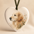 Heart-shaped pet memorial ornament with golden retriever portrait