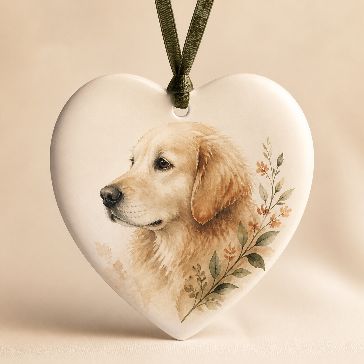 Heart-shaped pet memorial ornament with golden retriever portrait