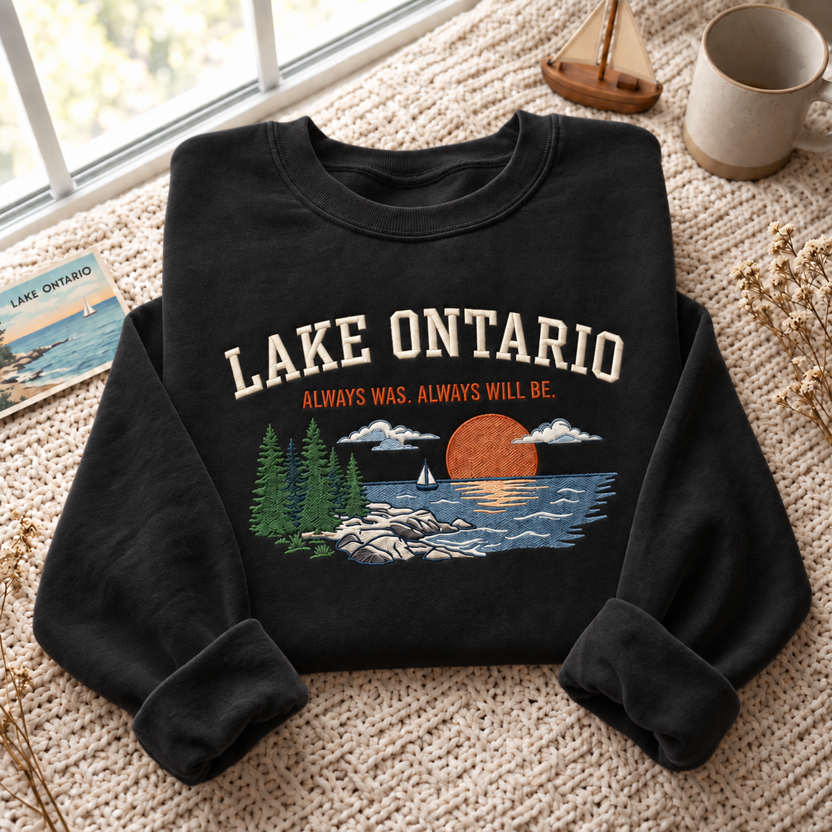 Lake Ontario Always Embroidered Unisex Sweatshirt — Black — front view