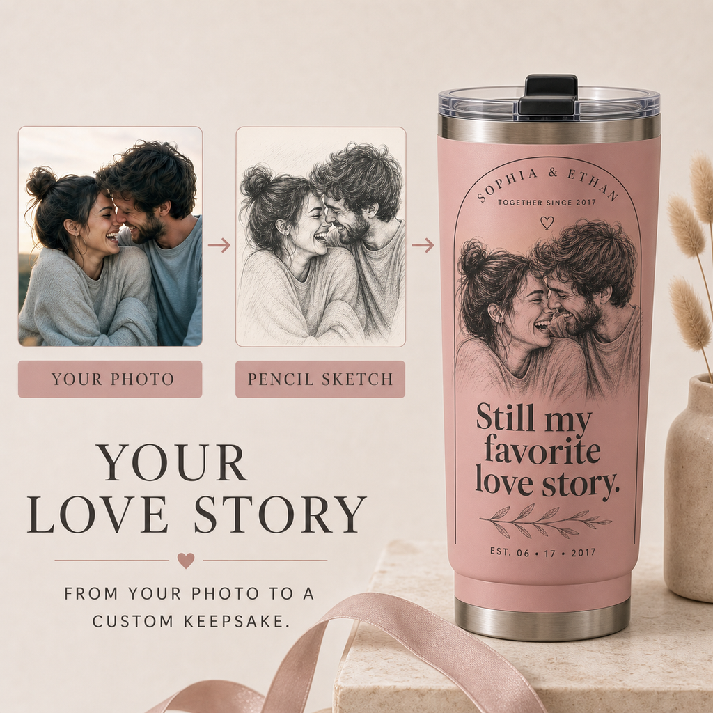 Personalized Favorite Love Story Photo Sketch Tumbler - personalization