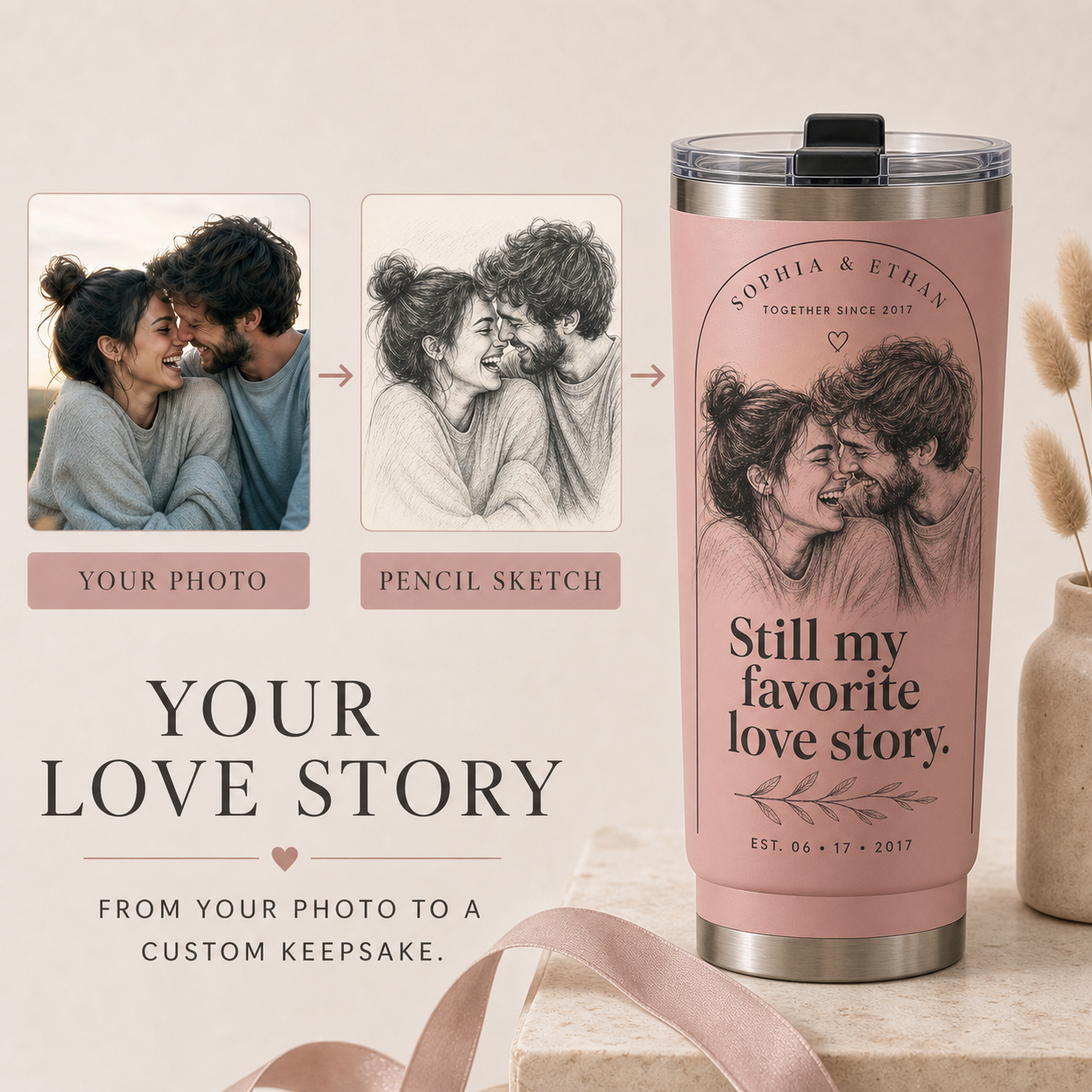 Personalized Favorite Love Story Photo Sketch Tumbler - personalization
