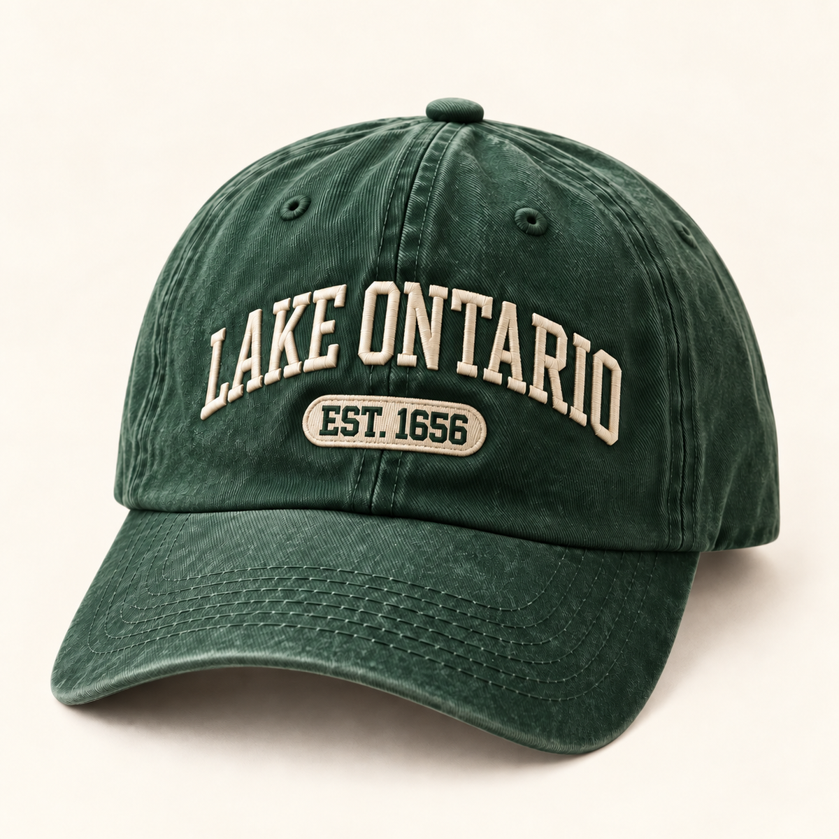 Lake Ontario EST. 1656 Vintage Embroidered Cap — Forest Green — front view