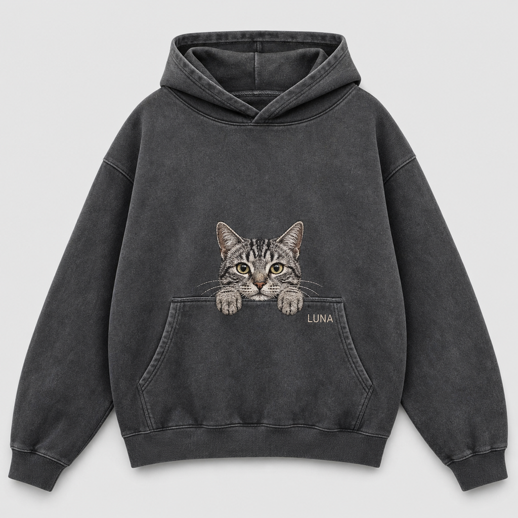Custom tabby cat peek embroidery on a charcoal hoodie