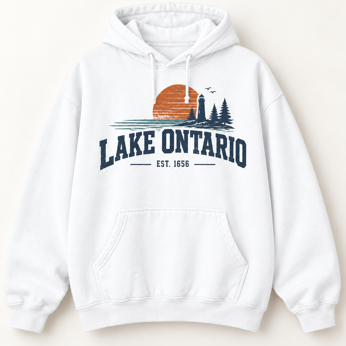Lake Ontario EST. 1656 Vintage Unisex Hoodie — White — front view