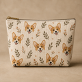 Natural canvas cosmetic pouch with a repeating corgi face pattern