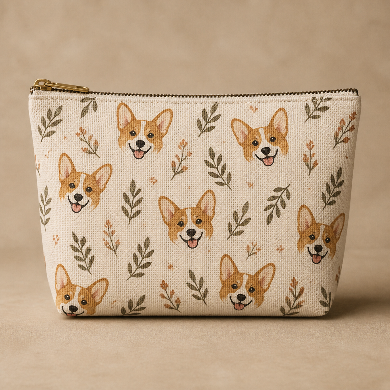 Natural canvas cosmetic pouch with a repeating corgi face pattern