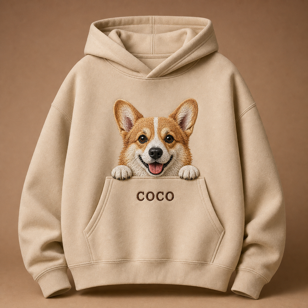 Custom corgi peek embroidery on a sand hoodie