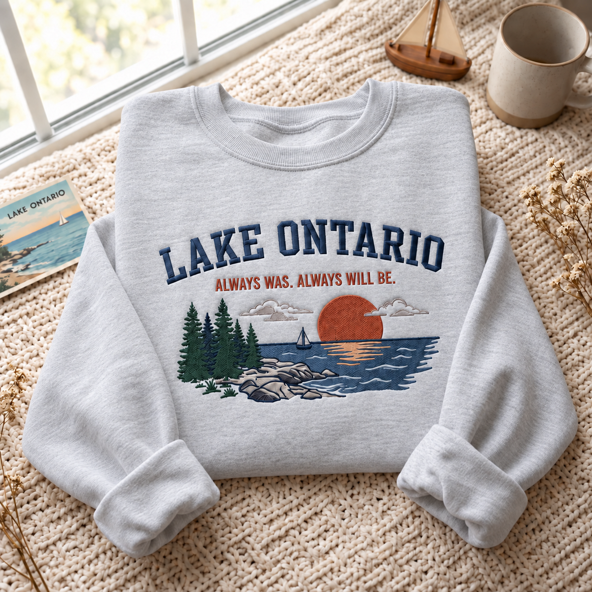 Lake Ontario Always Embroidered Unisex Sweatshirt — Heather Gray — front view