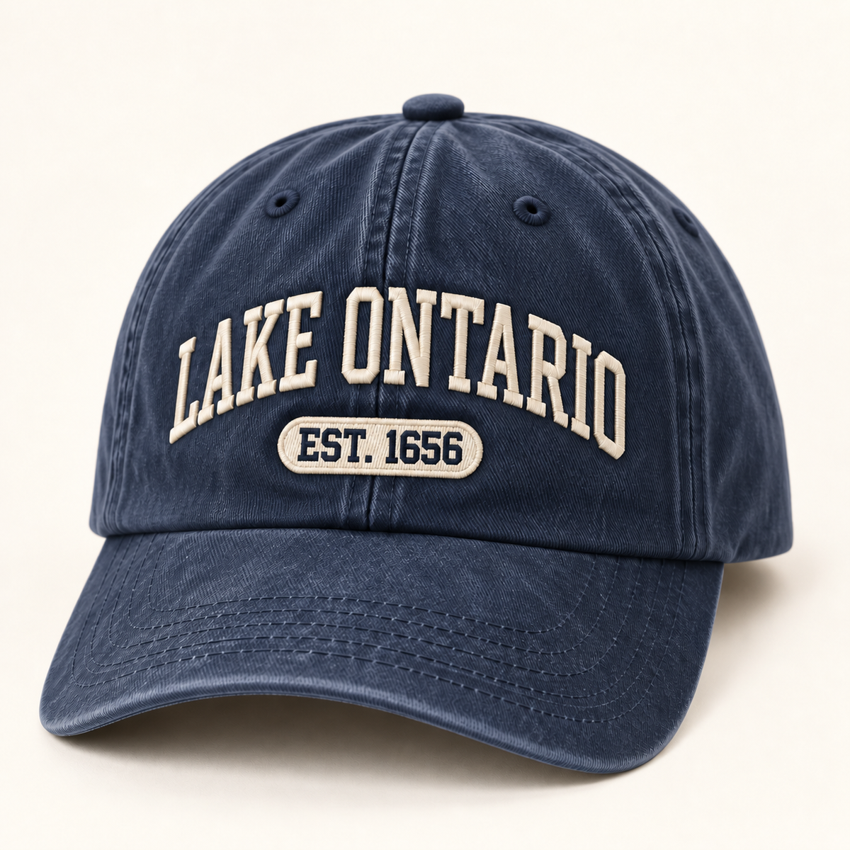 Lake Ontario EST. 1656 Vintage Embroidered Cap — Vintage Navy — front view