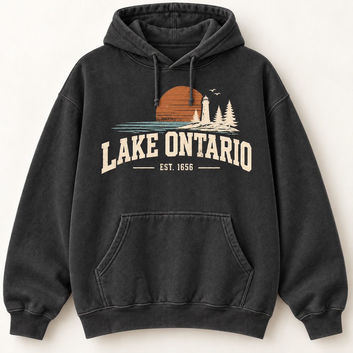 Lake Ontario EST. 1656 Vintage Unisex Hoodie — Black — front view
