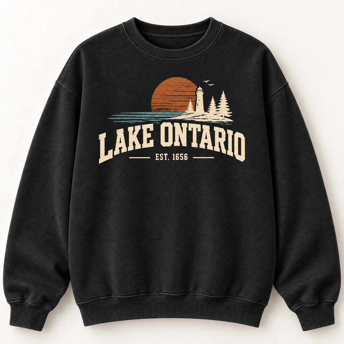 Lake Ontario EST. 1656 Vintage Unisex Sweatshirt — Black — front view