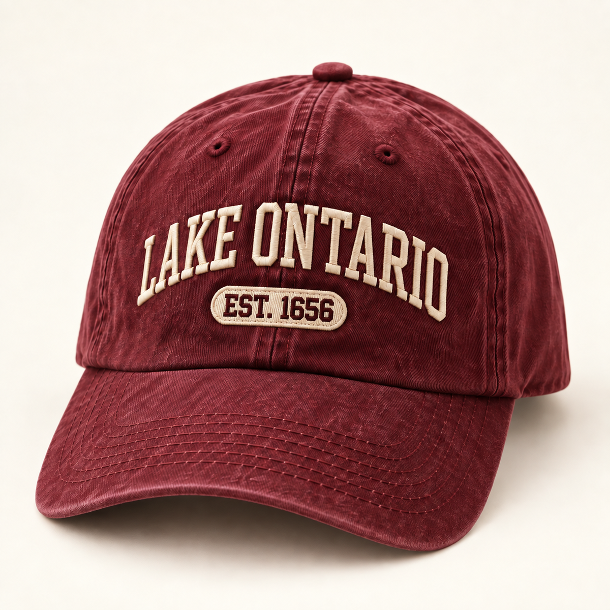 Lake Ontario EST. 1656 Vintage Embroidered Cap — Burgundy — front view