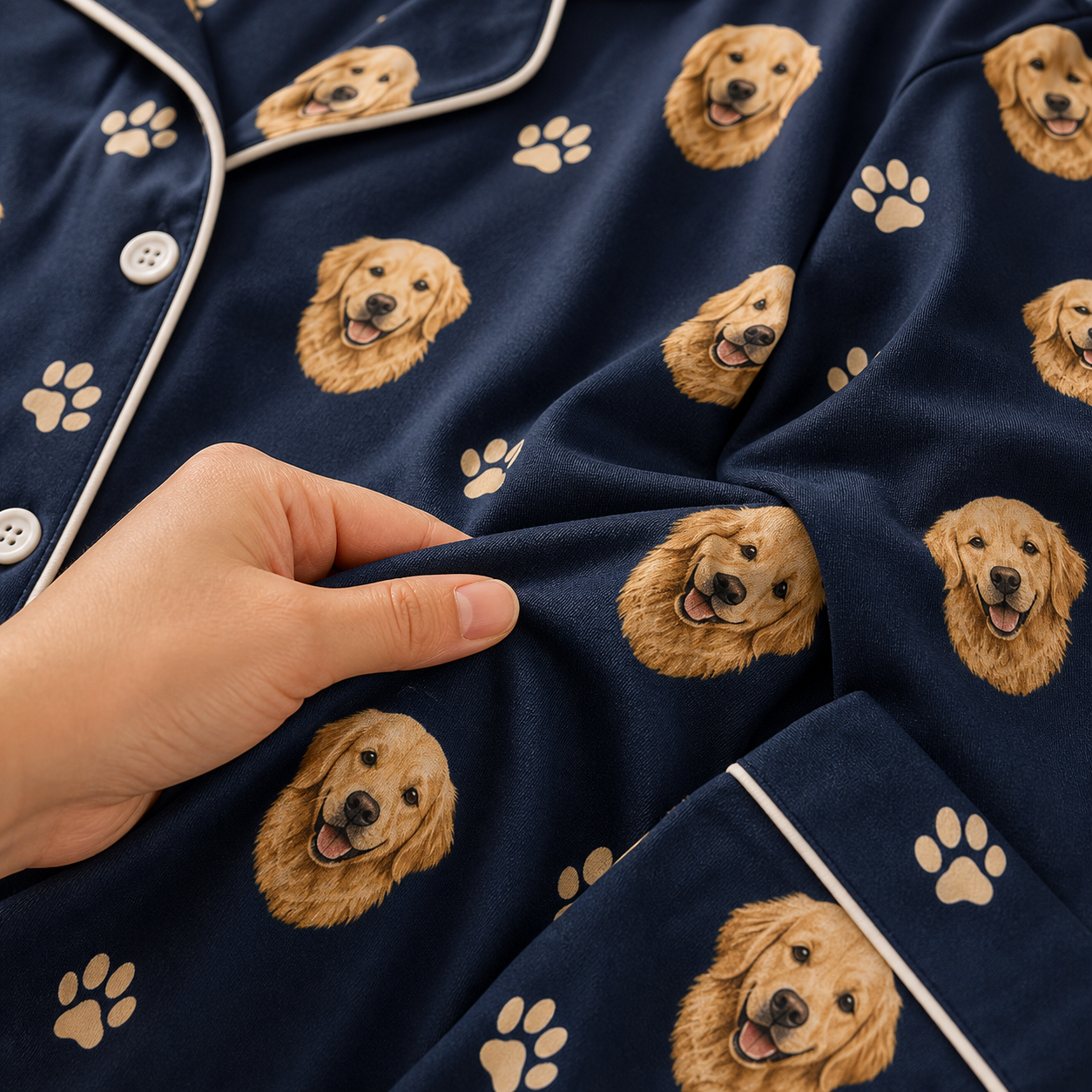 Personalized pet face pajama fabric and print detail