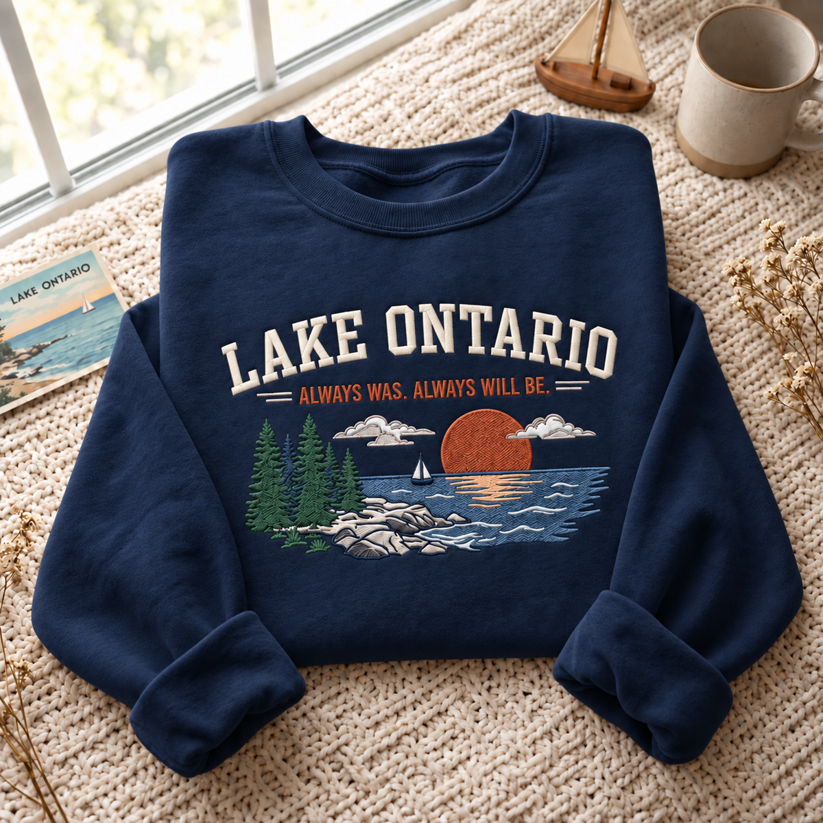 Lake Ontario Always Embroidered Unisex Sweatshirt — Navy — front view