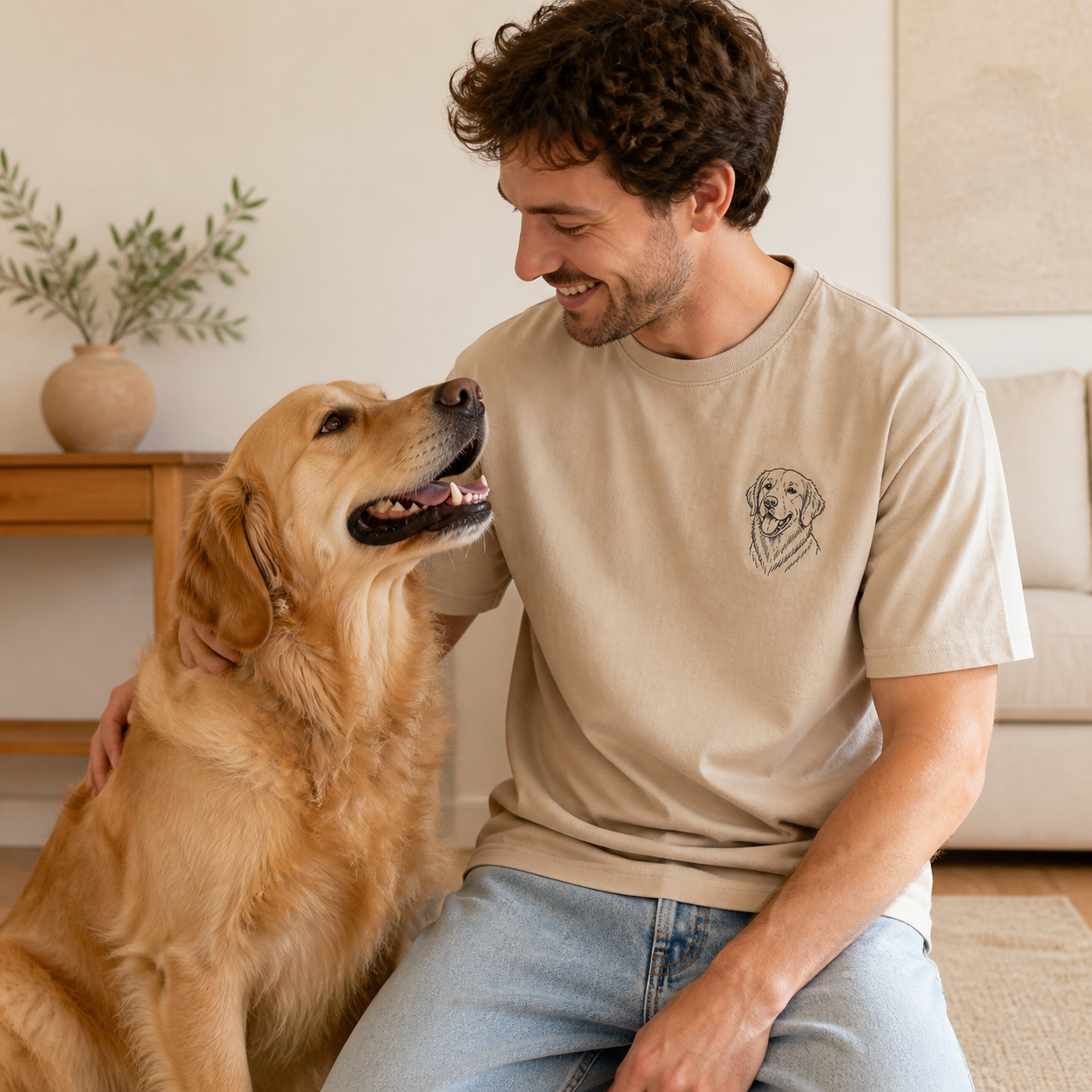 Owner wearing heavyweight embroidered pet portrait T-shirt beside dog