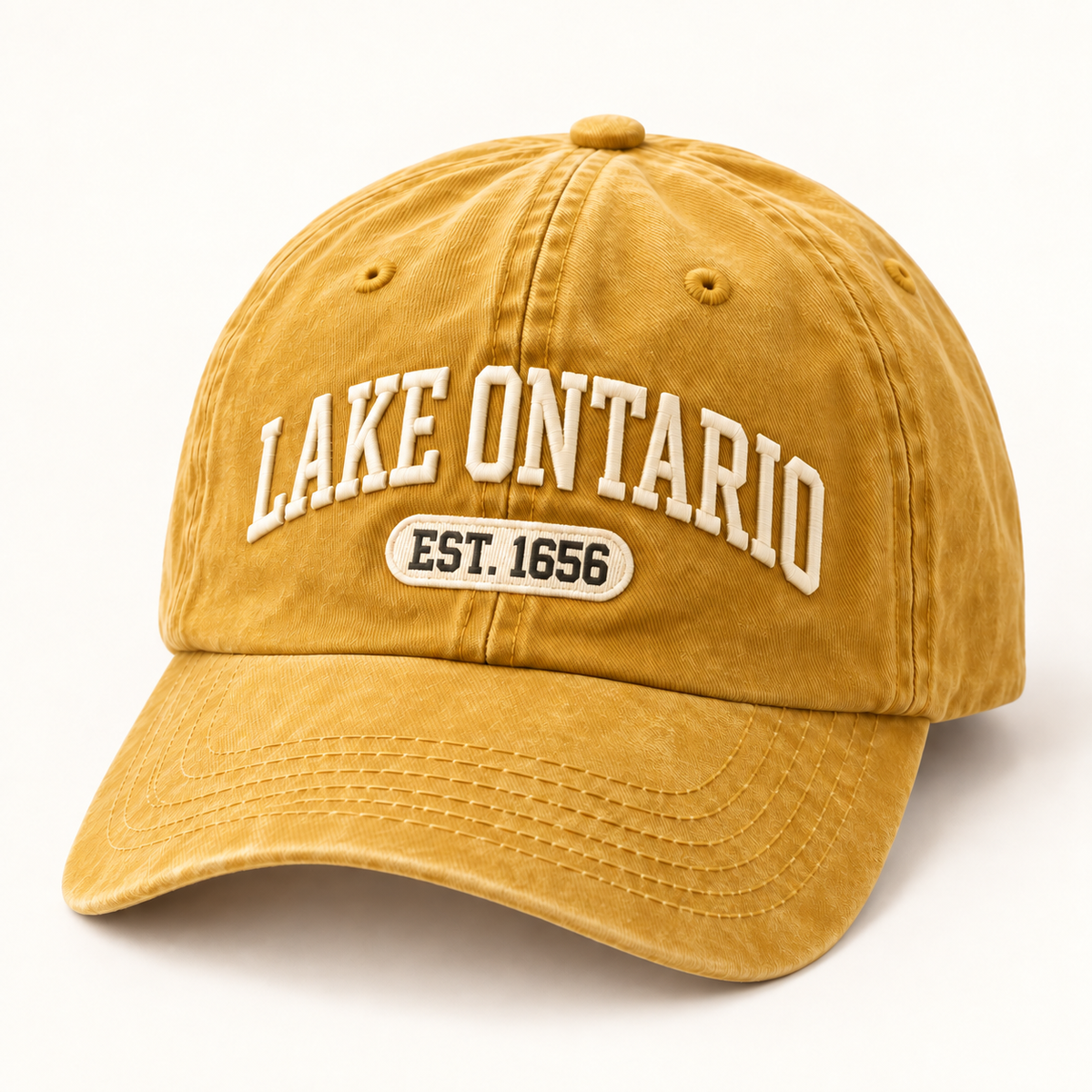Lake Ontario EST. 1656 Vintage Embroidered Cap — Mustard — front view