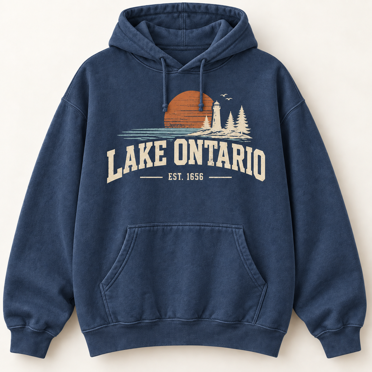 Lake Ontario EST. 1656 Vintage Unisex Hoodie — Navy — front view