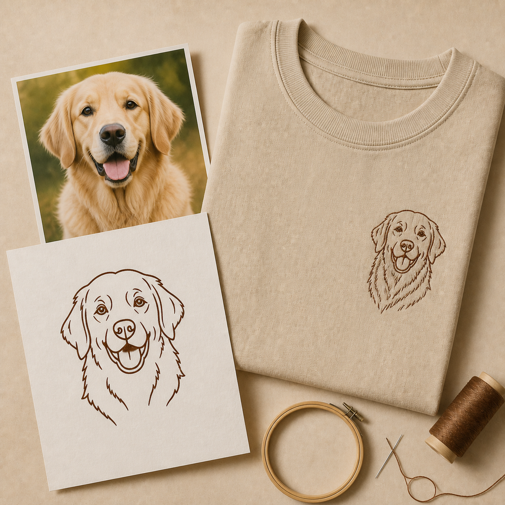 Pet photo converted into line art and embroidered portrait