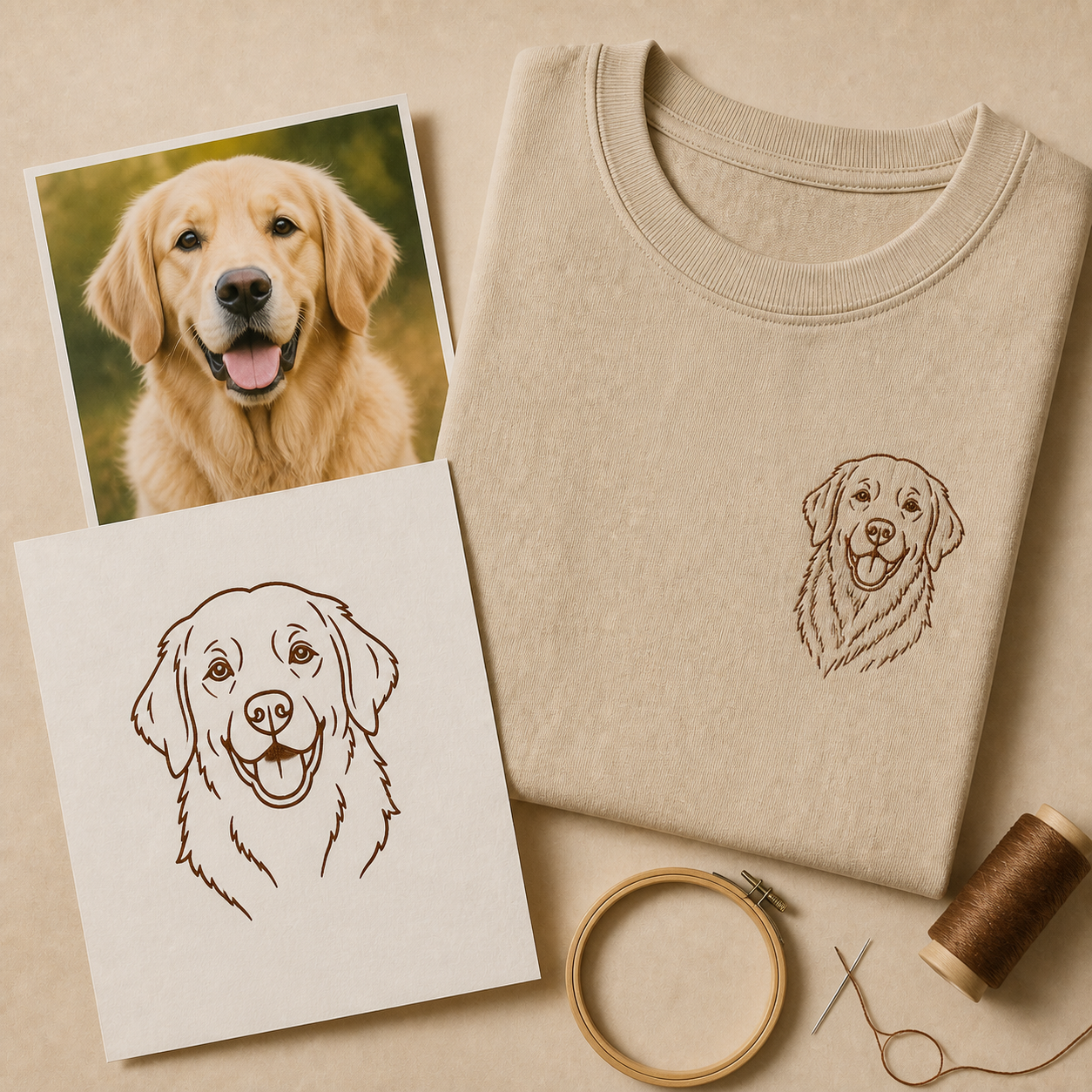 Pet photo converted into line art and embroidered portrait