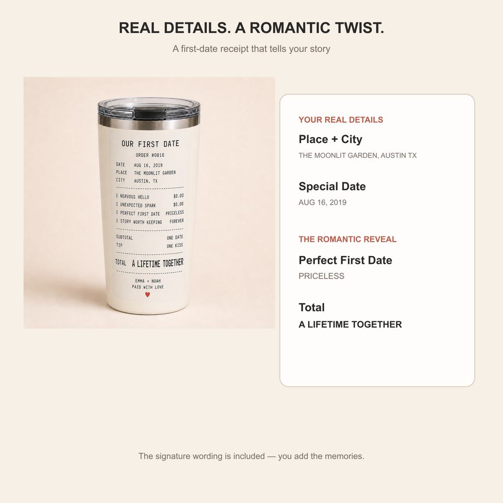 Universal first-date receipt details and romantic total message