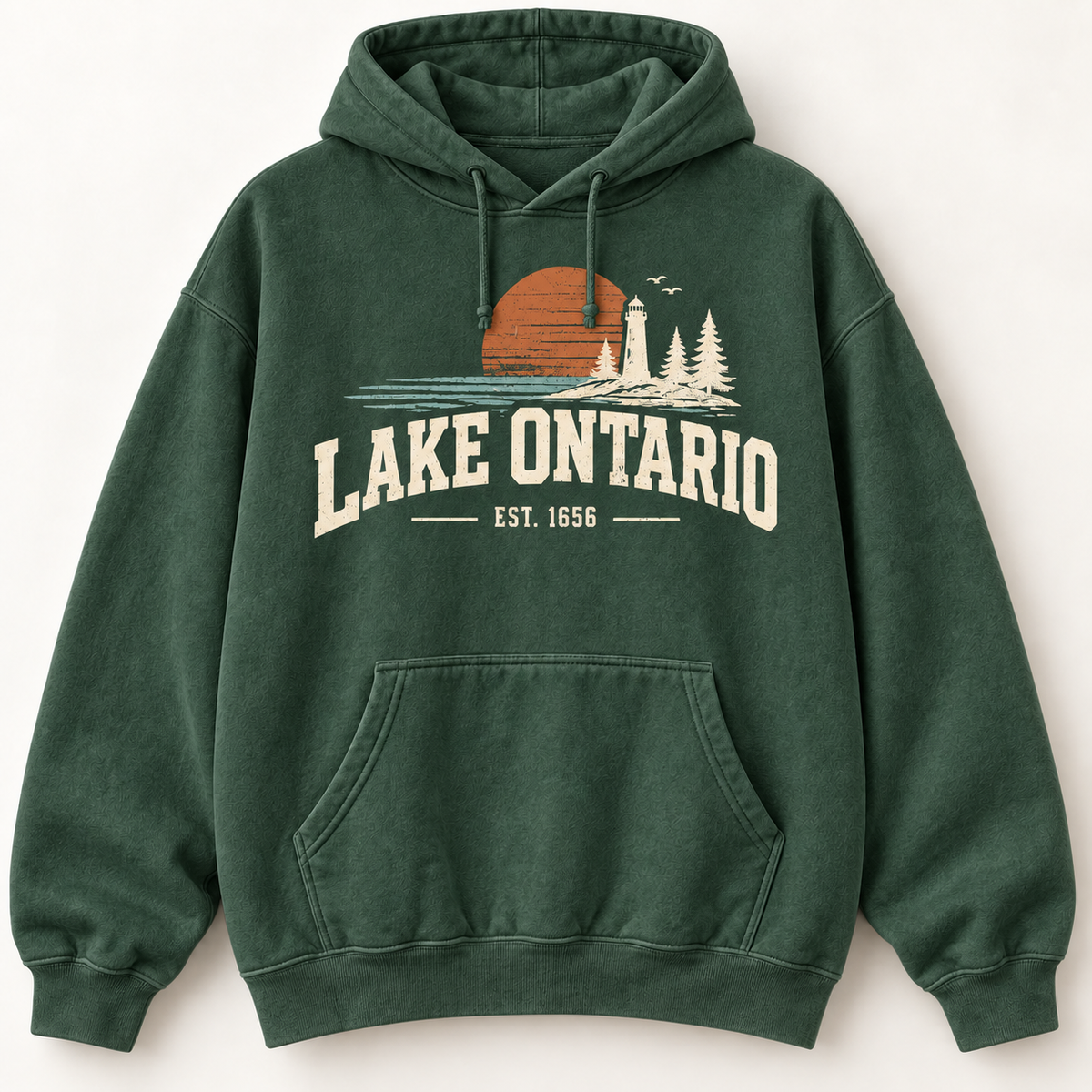 Lake Ontario EST. 1656 Vintage Unisex Hoodie — Forest Green — front view
