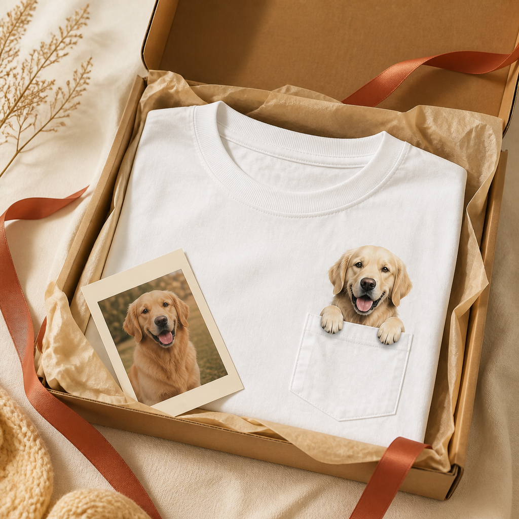 Custom pet-in-pocket T-shirt personalized gift unboxing