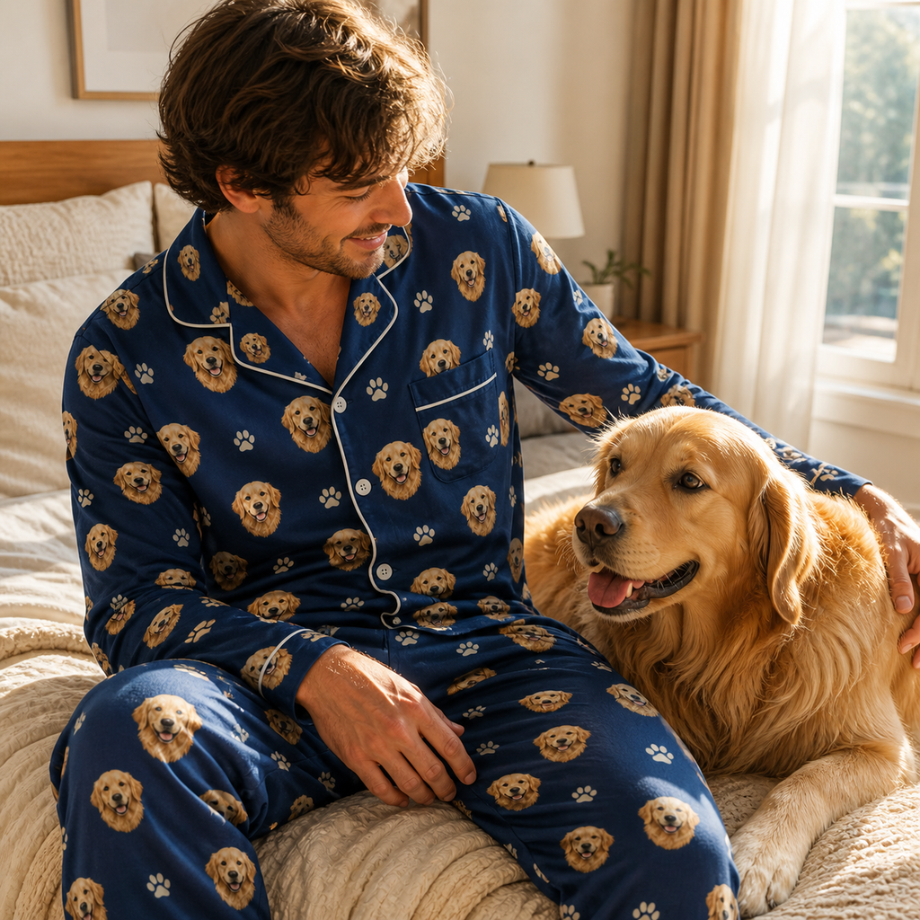 Owner wearing personalized pet face pajamas beside matching dog
