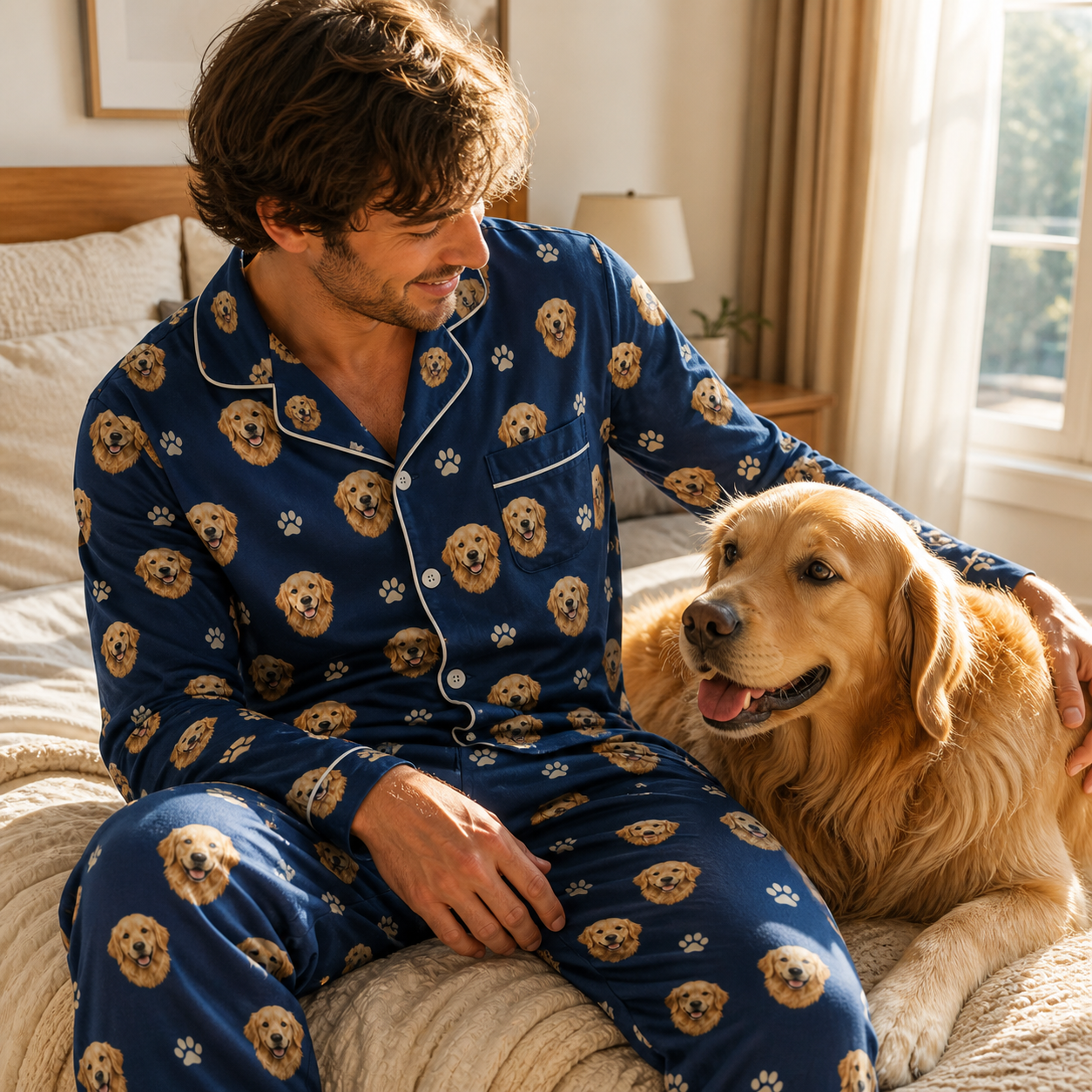 Owner wearing personalized pet face pajamas beside matching dog
