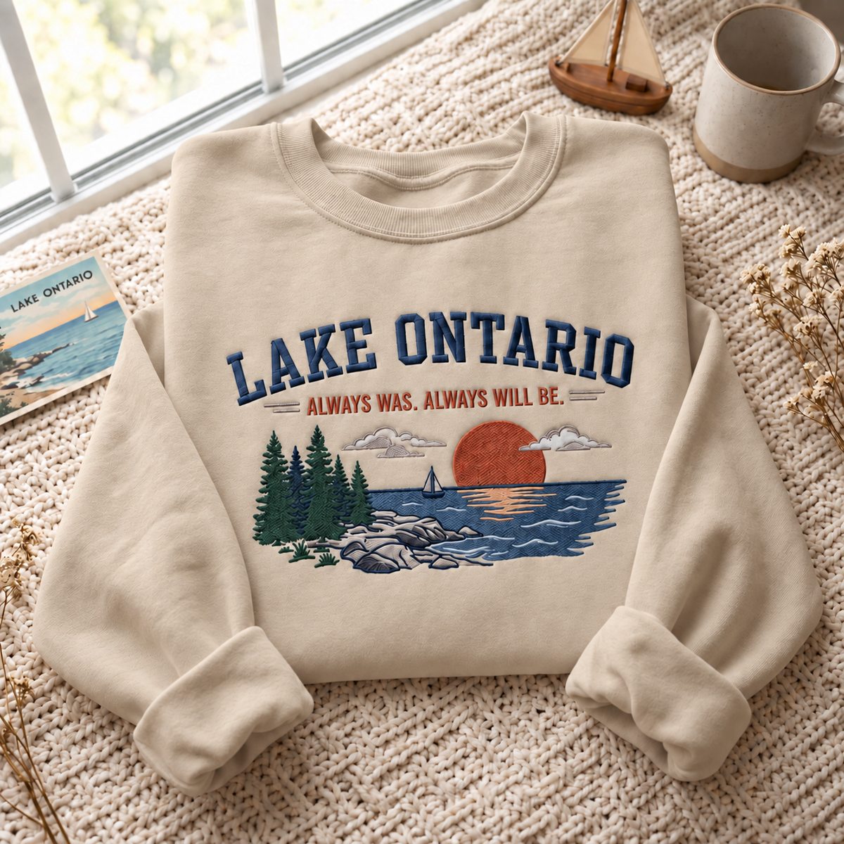 Lake Ontario Always Embroidered Unisex Sweatshirt — Sand — front view