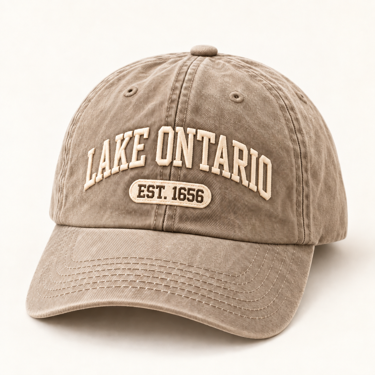 Lake Ontario EST. 1656 Vintage Embroidered Cap — Stone — front view