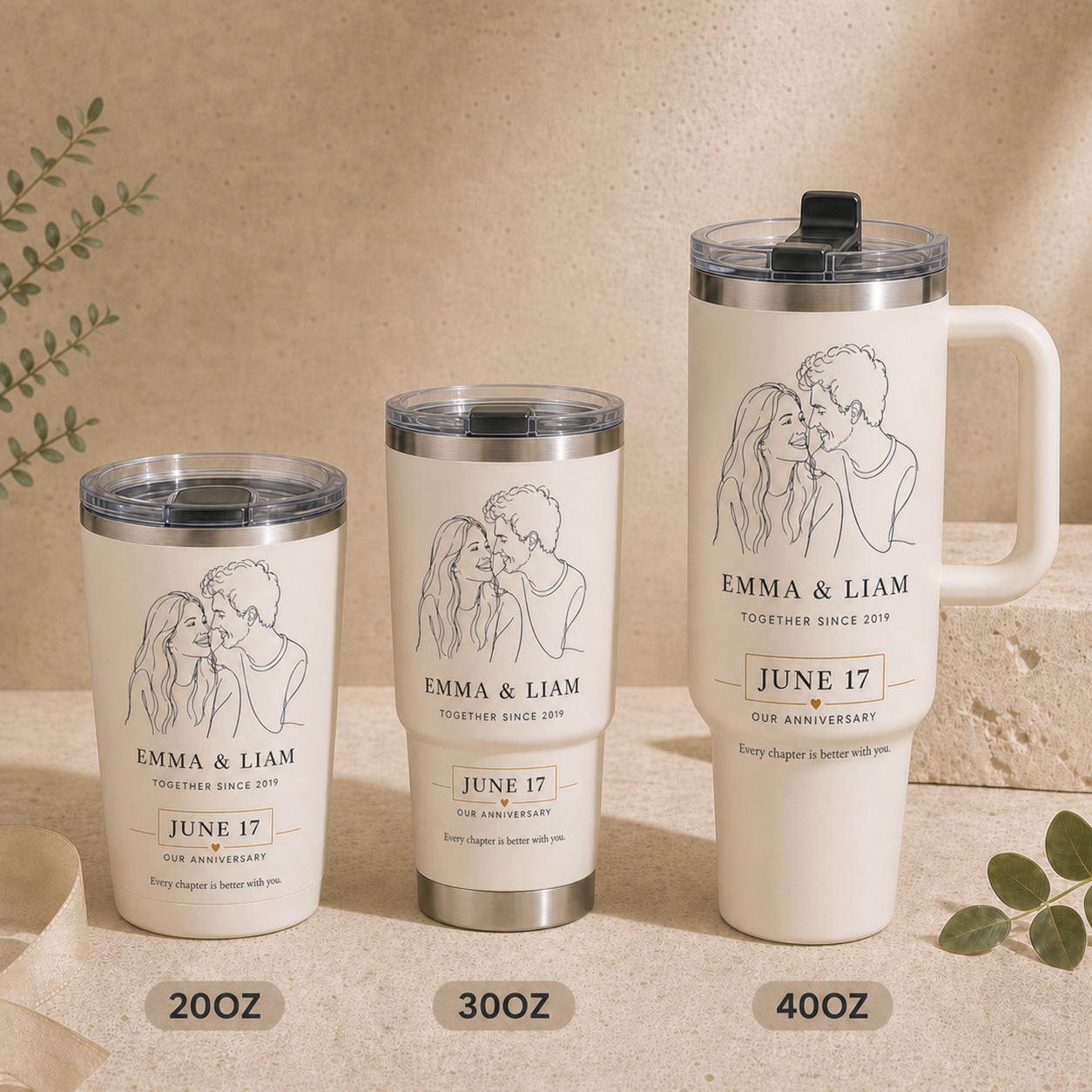 Our Anniversary personalized tumbler in Cream Ivory, shown in 20oz, 30oz, and 40oz sizes