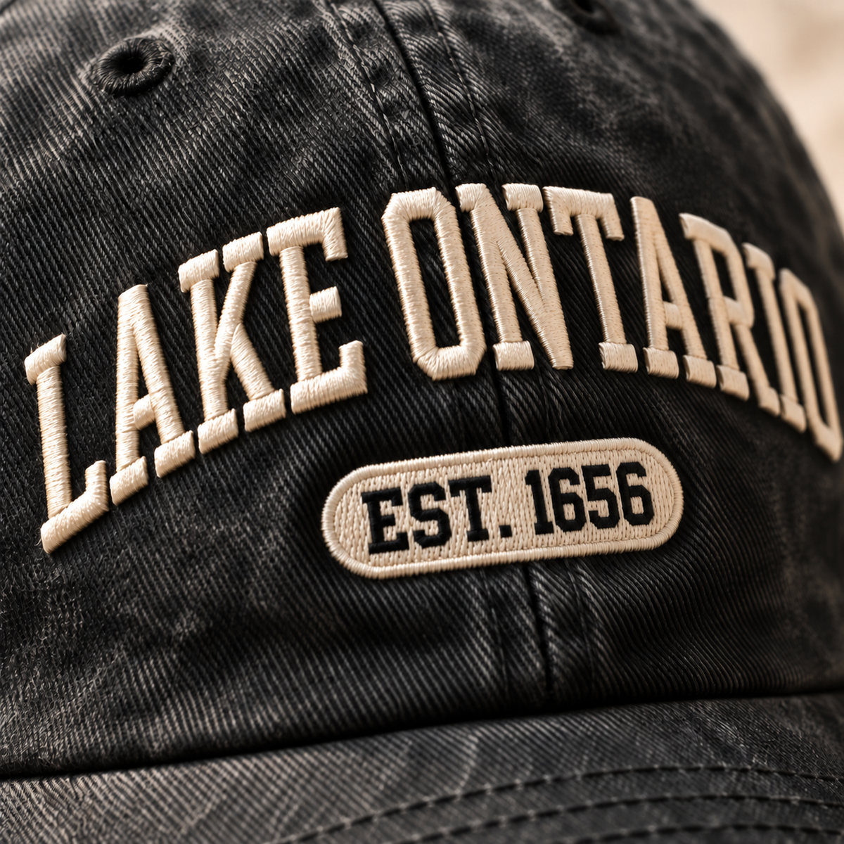 Lake Ontario EST. 1656 Vintage Embroidered Cap — raised embroidery detail