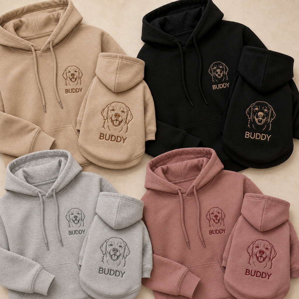 Matching owner and pet hoodie garment and embroidery thread color examples